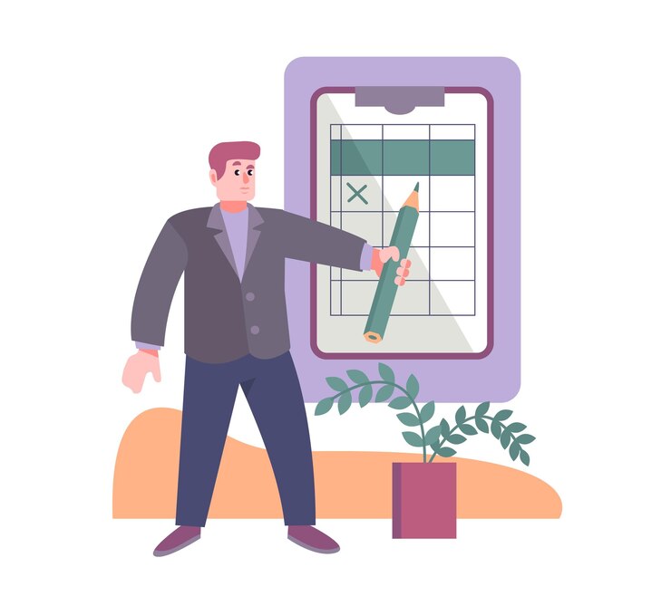 Vector eficiencia de gestión del tiempo en procesos de negocio buen rendimiento de productividad hombre joven en ropa de oficina haciendo programación en la semana sosteniendo lápiz y escribiendo vector ilustración plana