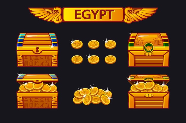 Egipto antiguo cofre del tesoro y monedas de oro