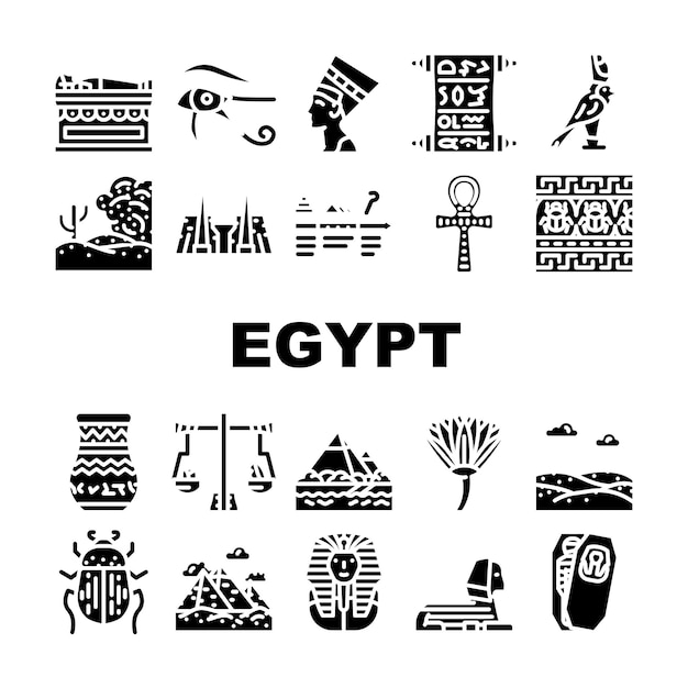 Egipto Civilización Paisaje Iconos Conjunto Vector Nefertiti Egipto Reina Y Faraón Sarcófago Jarrón Antiguo Y Ankh Decoración Antigua Desierto Del Sahara Y Río Nilo Glifo Pictogramas Ilustración Negra