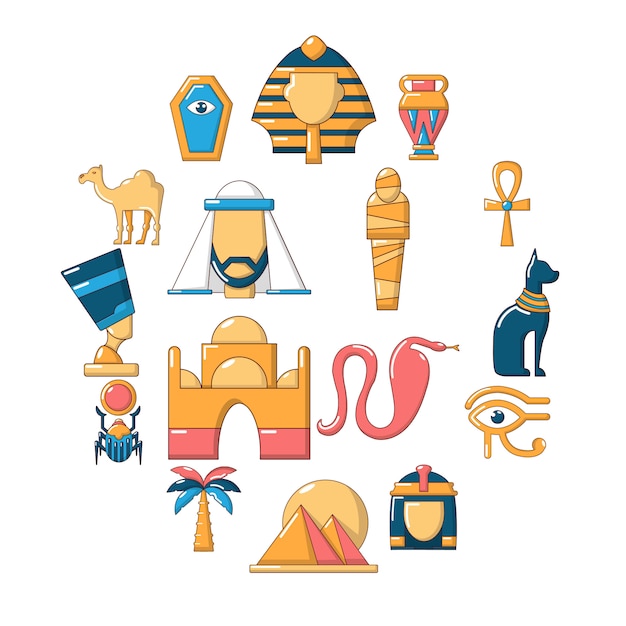 Vector egipto conjunto de iconos de viaje, estilo de dibujos animados