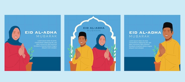 Eid adha hombre mujer saludos publicación en redes sociales en ilustración plana