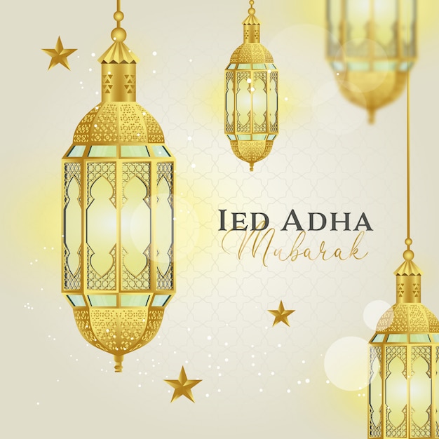 Eid adha mubarak con fondo realista linterna de oro