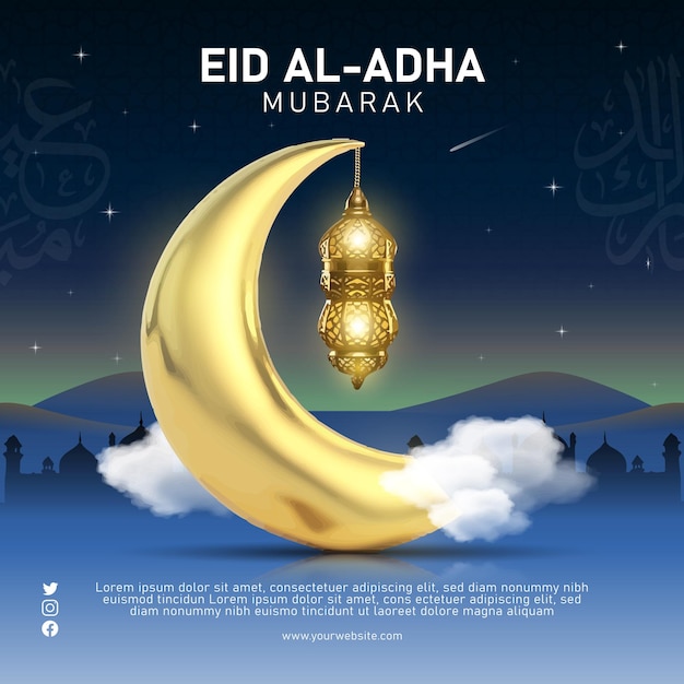 Eid Al Adha 3D Fondo de publicación en redes sociales con luna creciente dorada y linterna