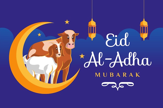 Vector eid al adha mubarak banner con luna creciente cabra y vaca