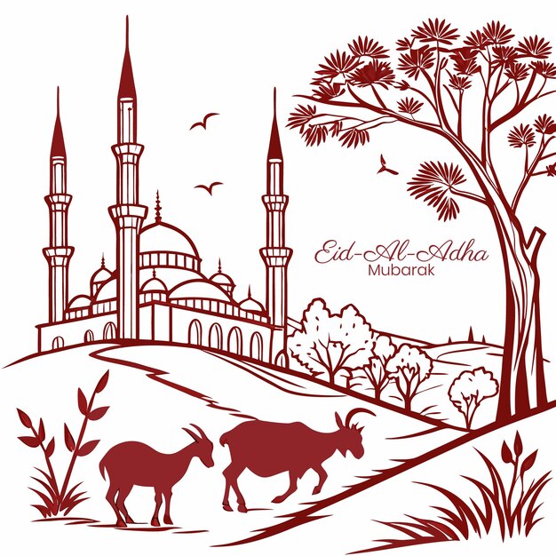 Eid al-Adha Mubarak con las cabras de la mezquita y el paisaje