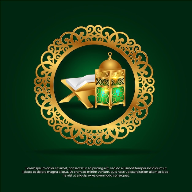 Eid al adha mubarak diseño de vector de lámpara de mandala de corán islámico verde y dorado