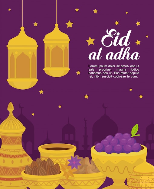 Eid al adha mubarak, feliz fiesta de sacrificio, con tradiciones de ollas de cerámica