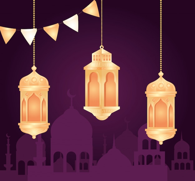 Vector eid al adha mubarak, feliz sacrificio festivo, con linternas colgantes y silueta de la ciudad de arabia