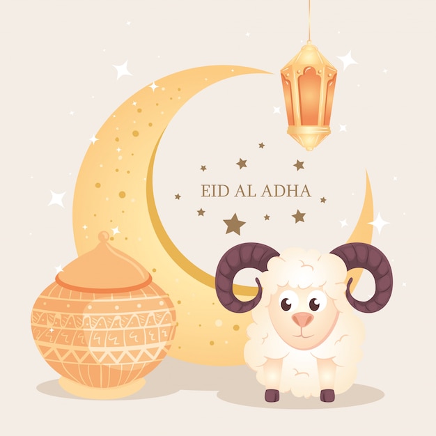 Eid al adha mubarak, fiesta de sacrificio feliz, con cabra e íconos tradicionales