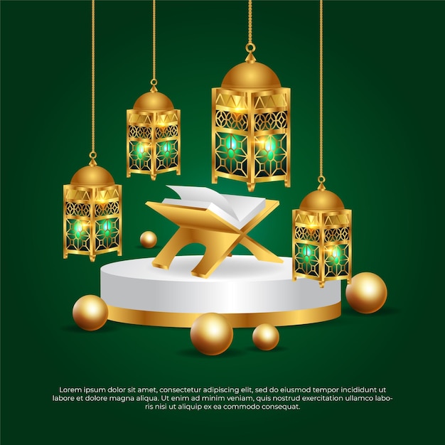 Eid al adha mubarak hermoso diseño de vector de lámpara de corán islámico verde y dorado