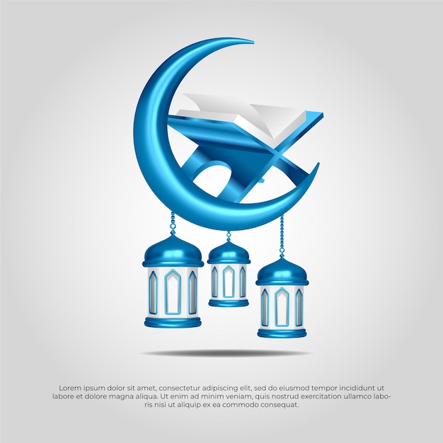 Eid al adha mubarak hermoso diseño de vector de luna y lámpara de corán azul islámico 3d