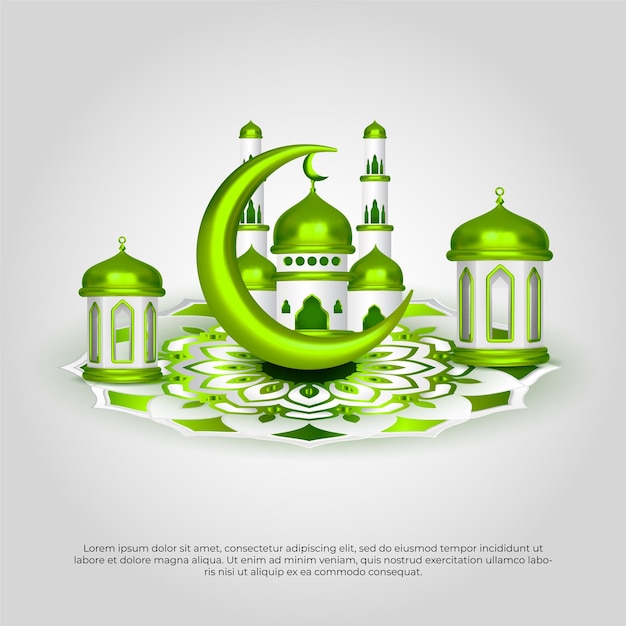 Eid al adha mubarak hermoso islámico 3d verde mandala mezquita luna y lámpara vector diseño