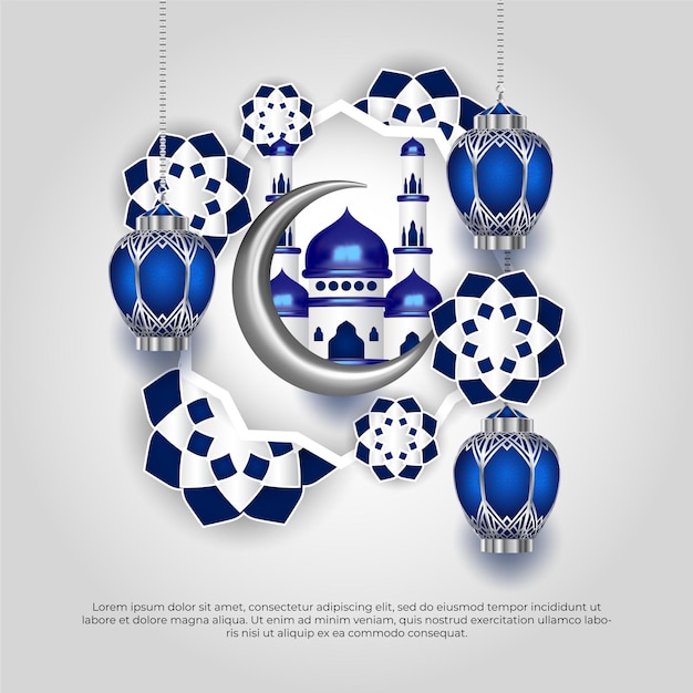 Eid al adha mubarak hermoso islámico azul 3d mandala mezquita luna y lámpara vector diseño