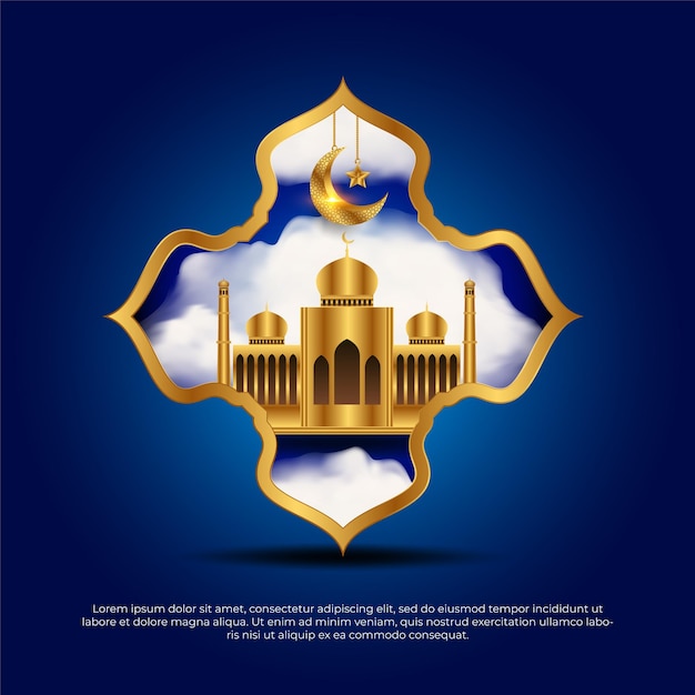 Eid al adha mubarak islámico hermoso 3d azul dorado mezquita luna vector fondo