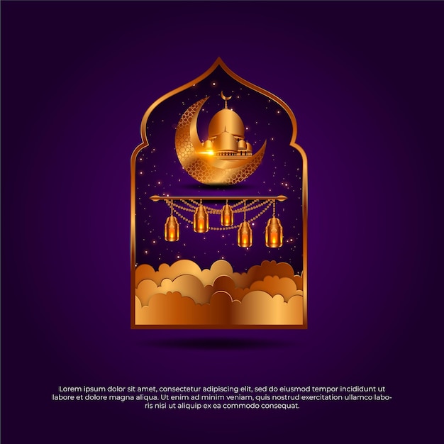 Eid al adha mubarak islámico hermoso 3d púrpura luna dorada mezquita lámpara vector fondo