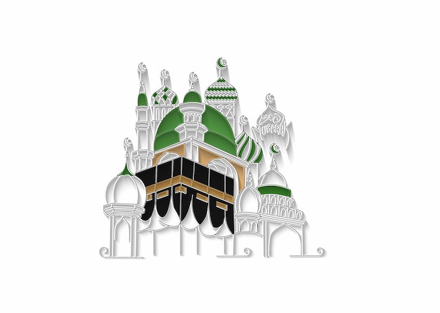 Eid al adha santo kaaba en la meca arabia saudita con mezquita o masjid sketch vector ilustración