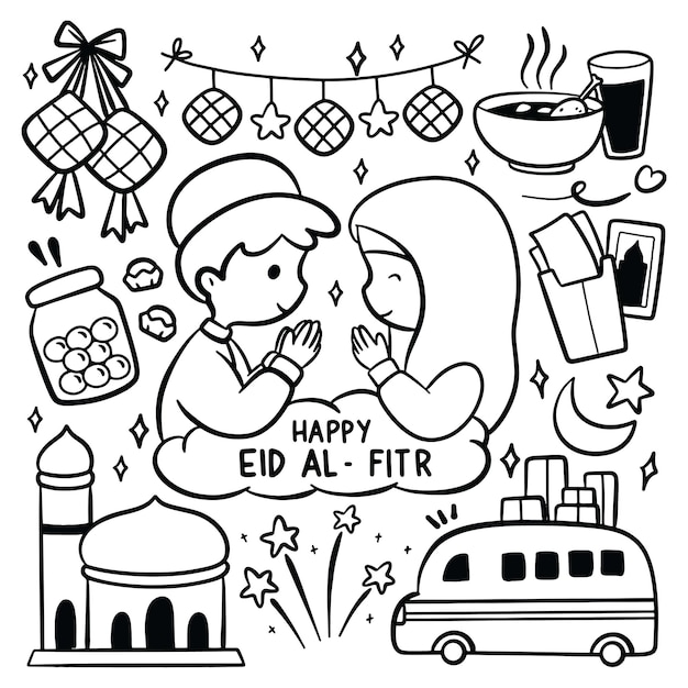 Eid al Fitr Dibujado a mano Doodle Idul Fitri Elemento de diseño de dibujos animados