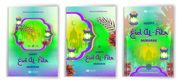 Eid al fitr mubarak celebración tarjetas de felicitación diseño colección vibrante fondo verde púrpura