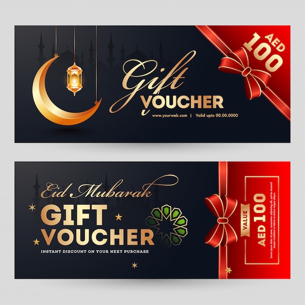 Eid al-Fitr Mubarak Plantilla de cupón de regalo horizontal o vale