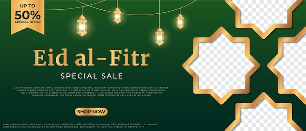 Eid al fitr venta especial venta adorno islámico linterna plantilla de banner adecuado para publicaciones en redes sociales y encabezado web ilustración vectorial