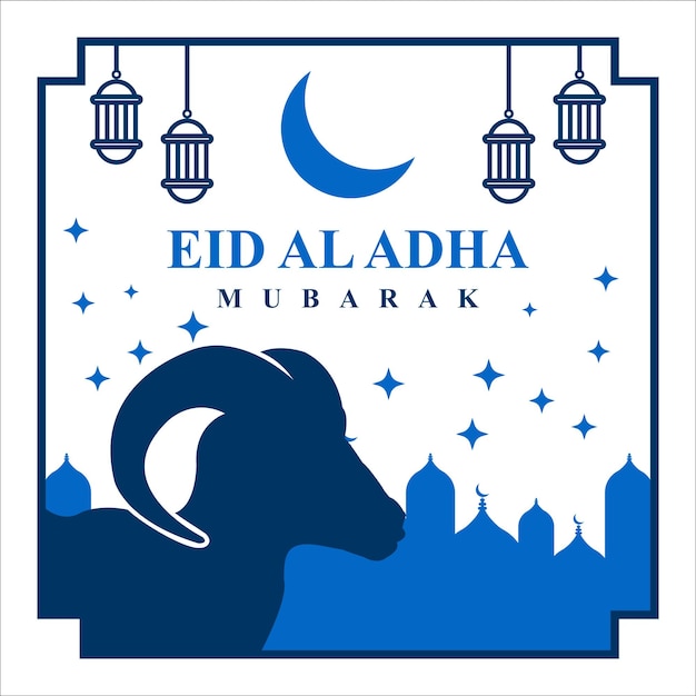 Eid alAdha con cabras y estrellas y la mezquita detrás es azul claro y azul oscuro