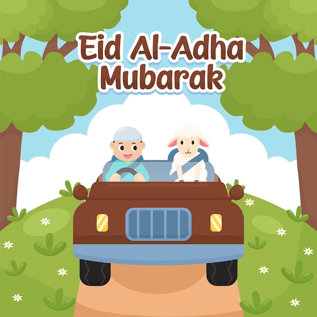 Eid AlAdha Mubarak Celebración alegre Niño musulmán con sus ovejas