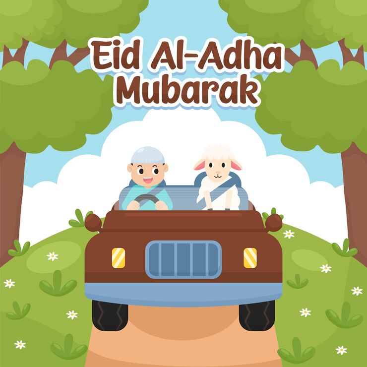 Eid AlAdha Mubarak Celebración alegre Niño musulmán con sus ovejas