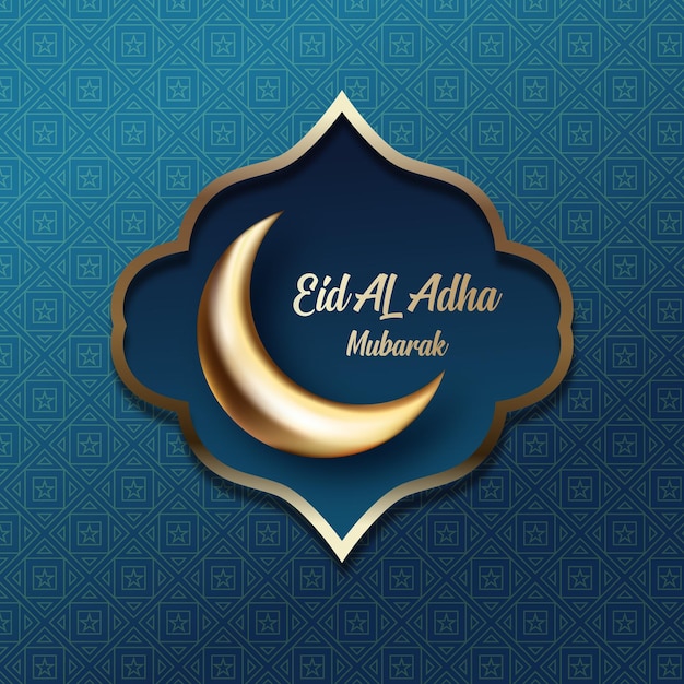 Eid alAdha Mubarak Media luna dorada en el fondo azul
