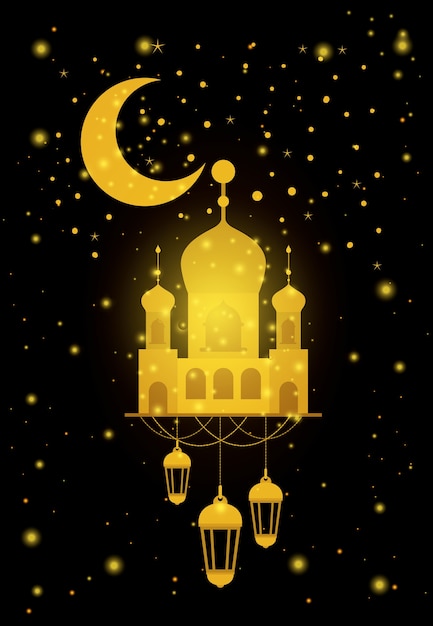 Vector eid fachada del templo de mubarak con luna y linterna