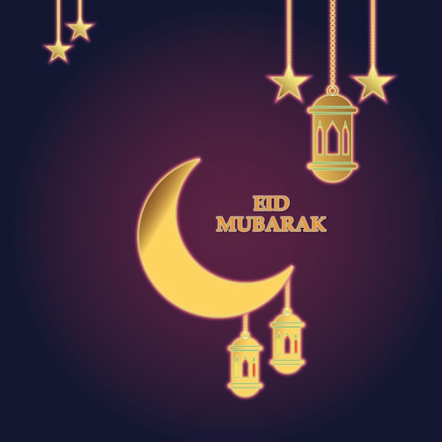 Eid Mubarak 3d luna y lámparas