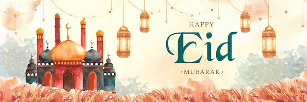 Vector eid mubarak banner con pintura a mano de hermosa mezquita y fondo de linterna