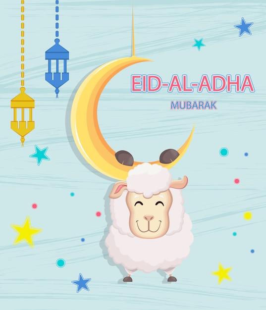 Eid mubarak. cabra colgando de la luna