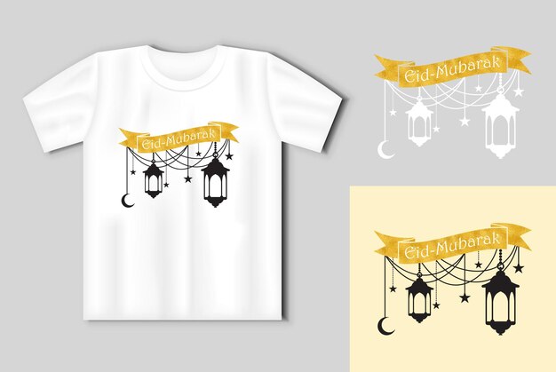 Vector eid mubarak diseño con una mezquita y una inscripción concepto vectorial con maqueta de camiseta