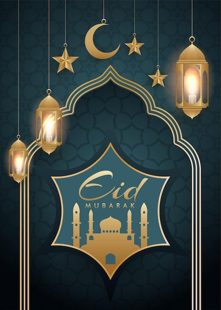 Eid mubarak Eid al adha Eid al fitr saludos celebración cartel de tarjeta de caligrafía con vector de mezquita