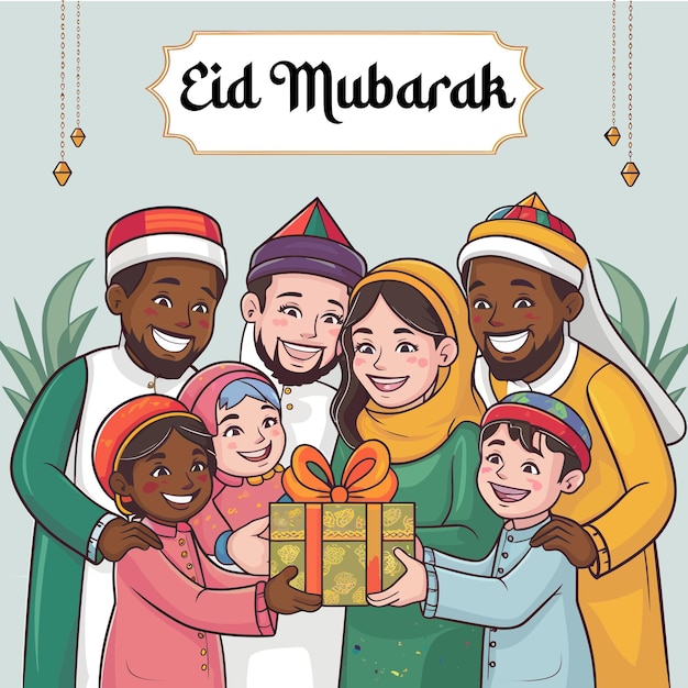 Eid Mubarak Eid al fitr una familia posa para una foto con un hombre sosteniendo un regalo