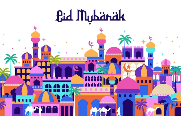 Vector eid mubarak con el fondo de la ciudad árabe