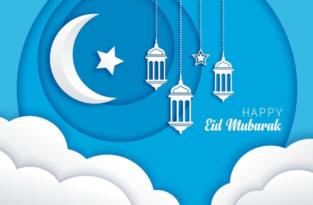 Eid Mubarak fondo cortado en papel y luna creciente