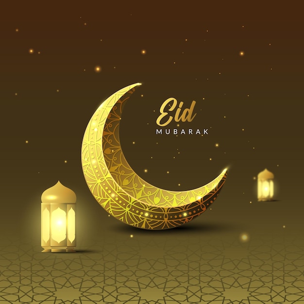 Eid mubarak fondo islámico con luna creciente decorativa y linterna borrosa