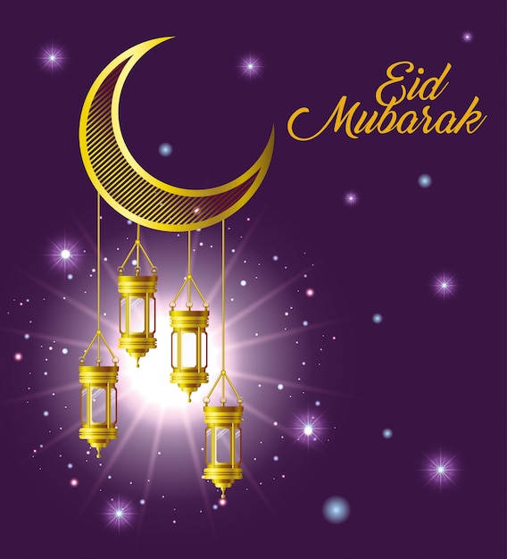 Eid mubarak gold moon con linternas y estrellas y diseño brillante