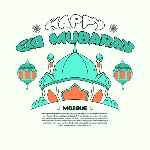 Vector eid mubarak gráfico de la mezquita verde dibujado a mano ilustraciones vectoriales