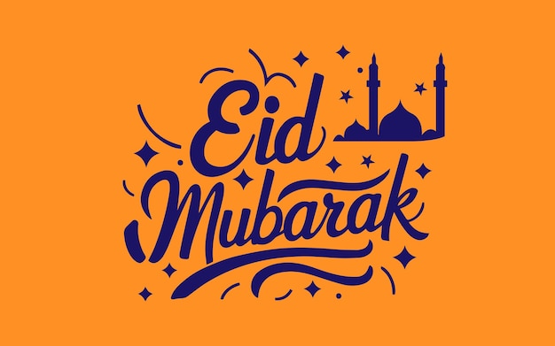 Eid Mubarak letras escritas a mano caligrafía azul vectorial con mezquita aislada sobre fondo amarillo