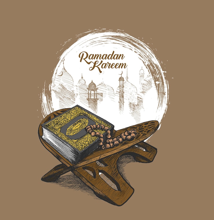 Vector eid mubarak el libro sagrado del corán en el puesto con el texto de ramadan kareem