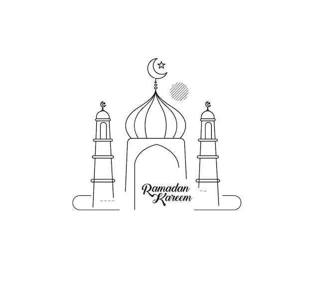 Eid Mubarak Línea Arte Caligrafía Elegante Letras Ramadan Kareem Texto Luna con Mezquita Vector ilustración