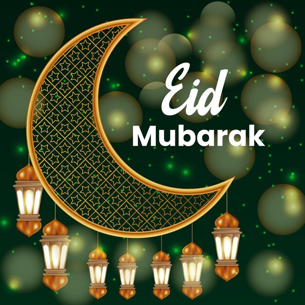 Un eid mubarak con una luna creciente y luces sobre un fondo verde oscuro.