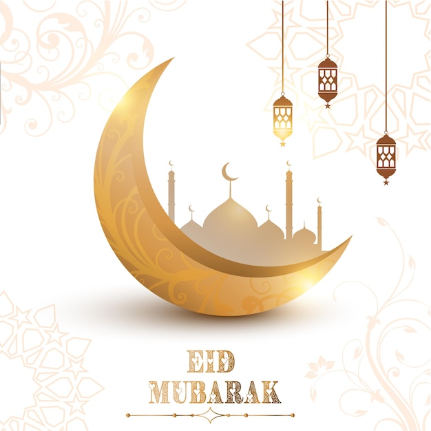 Vector eid mubarak luna lámpara y mezquita hermoso fondo en plantilla vectorial eps10