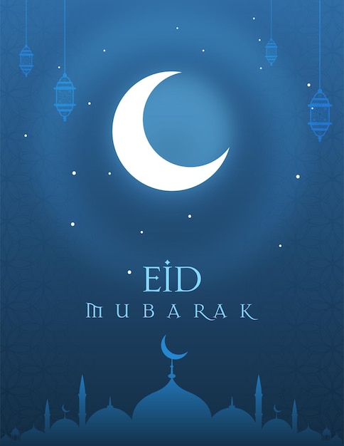 Eid Mubarak con Luna y Mezquita Hermosa Decoración Islámica