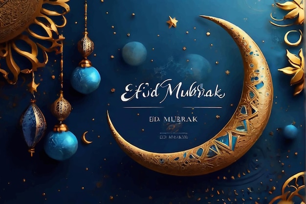 Eid Mubarak luna de oro en el fondo brillante del mandala