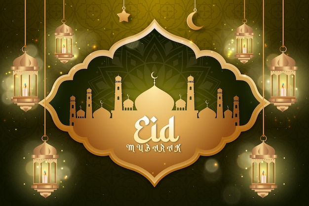 Eid mubarak con una mezquita y luces sobre un fondo verde.
