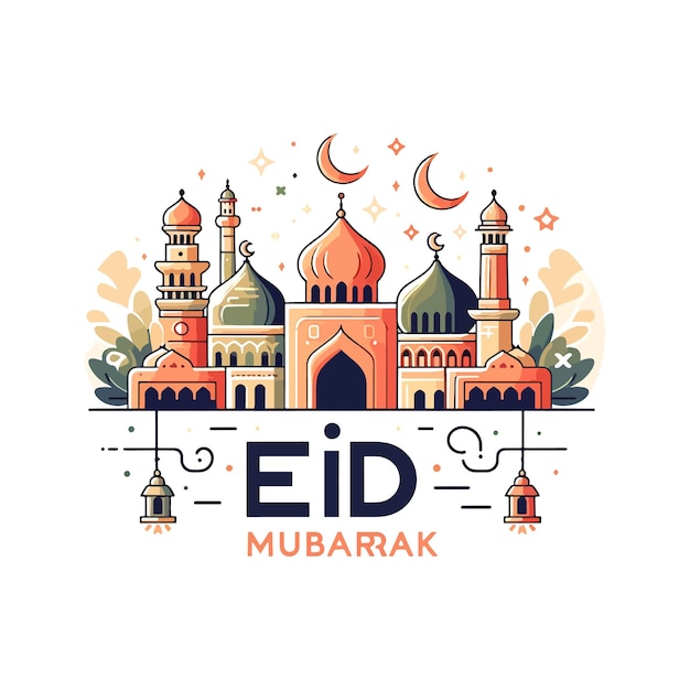 Eid mubarak con la mezquita luna y estrellas saludo aislado vector ilustración plana