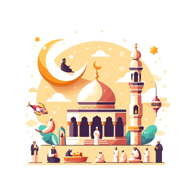 Eid Mubarak con la mezquita luna y estrellas Saludo aislado vector ilustración plana